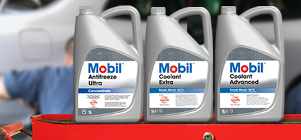 Banner showing Mobil coolant range lined up on a toolbox