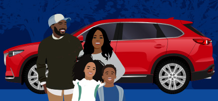 Vector drawing of a family of four standing in front of a car