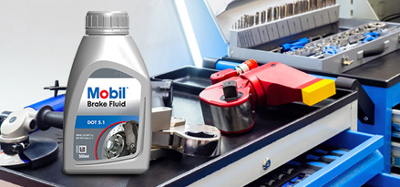 A Mobil brake fluid in a toolbox