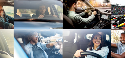 Banner with collage of images showing people driving hybrid cars